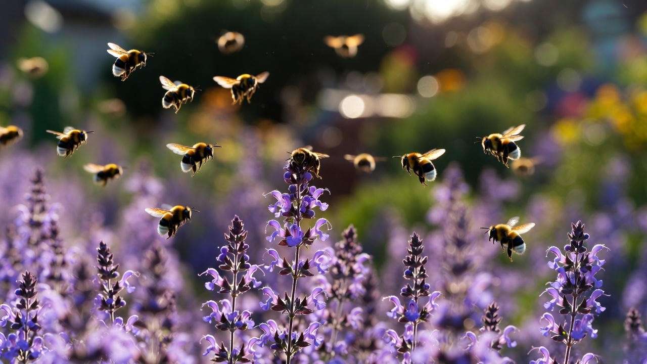 Calamint plant attracting dozens of bees and bumblebees in pollinator garden