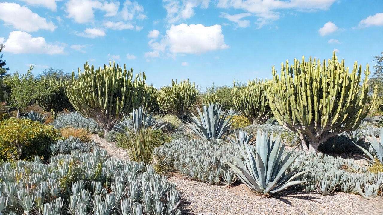 Mass planting of gopher plant (Euphorbia rigida) in a beautiful low-water xeriscape garden
