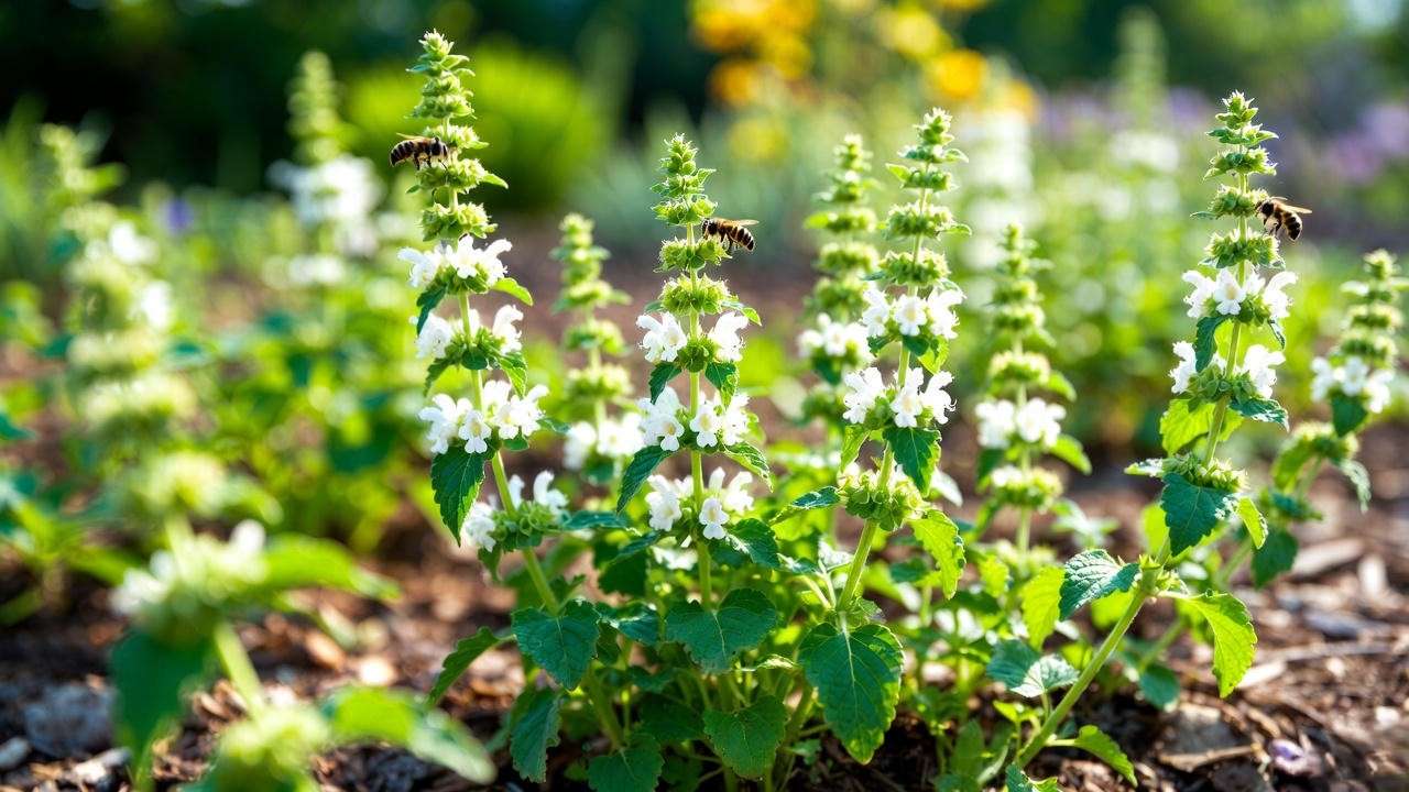 Mature lemon balm plants with white flowers and bees pollinating in a sunny garden."