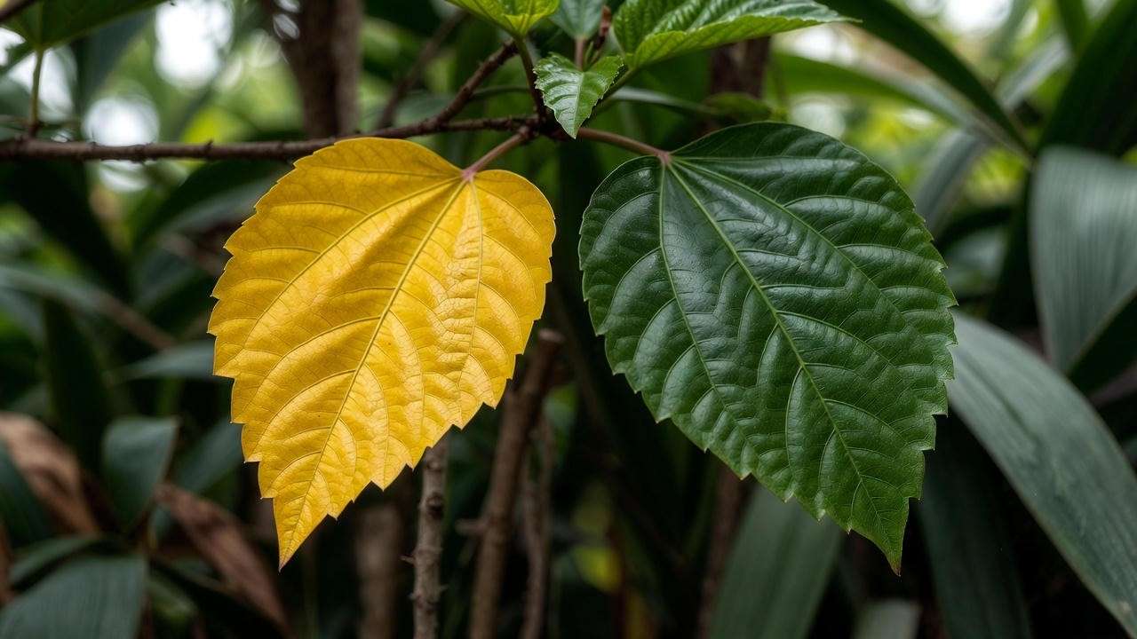 Yellow vs healthy hibiscus leaf showing nutrient deficiency signs