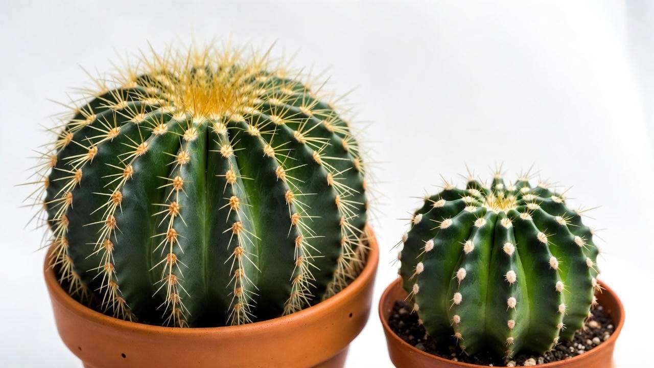 Regular golden barrel cactus vs dwarf mini golden barrel nana side by side comparison