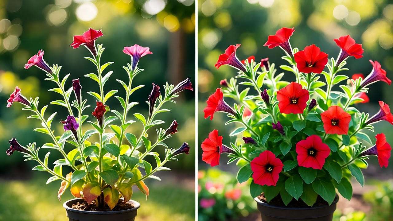 Before-and-after pruning and deadheading of red petunia plants".