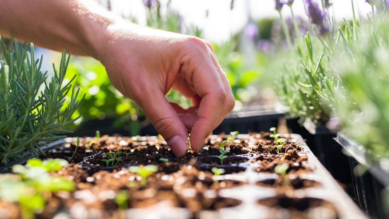 "Gardener planting lavender seeds in a seed tray with sprouting seedlings in a sunny garden"