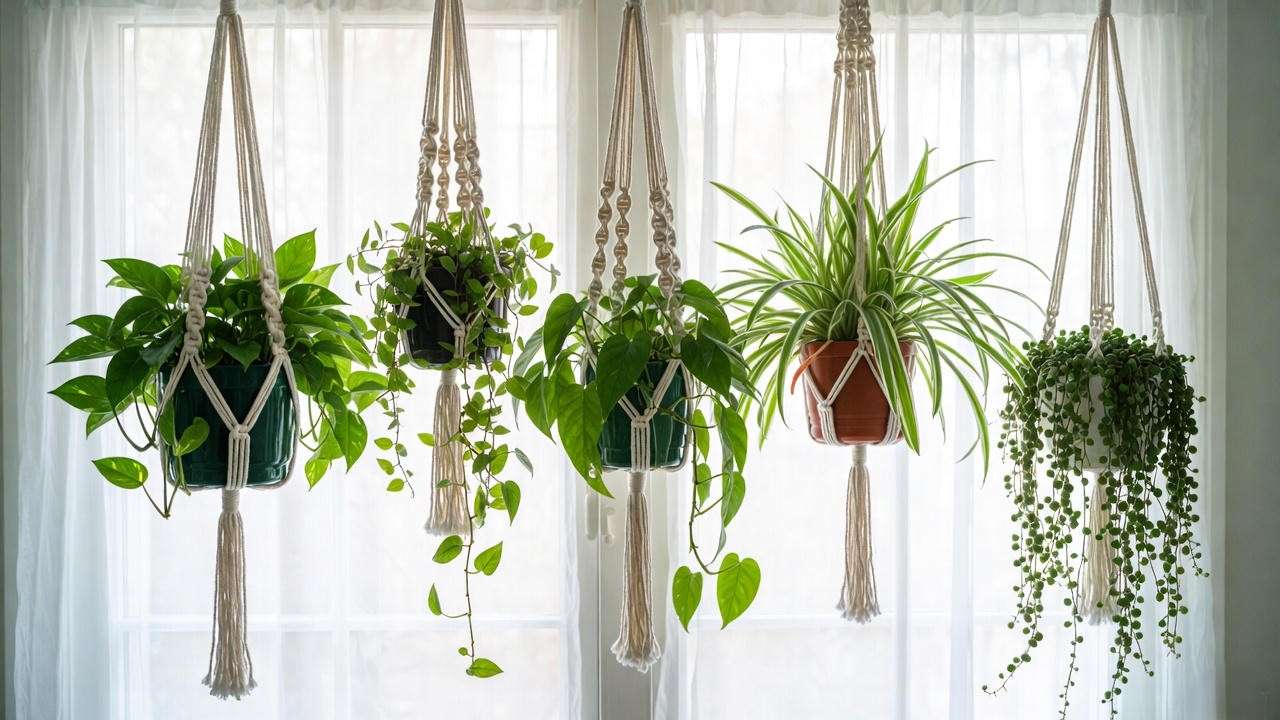 Trailing indoor plants in macramé hangers creating a lush cascading jungle in a bright apartment
