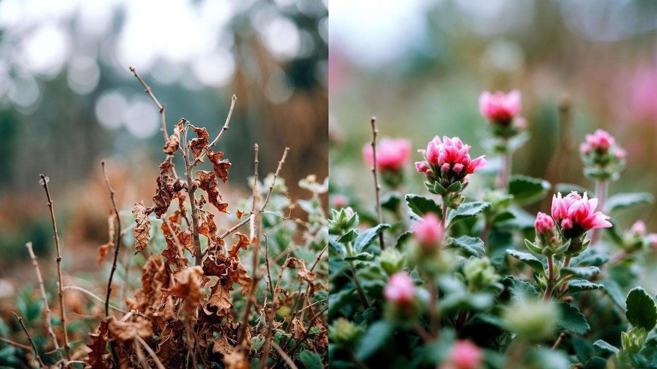 Common breath of heaven plant problems – dying brown plant vs healthy thriving specimen