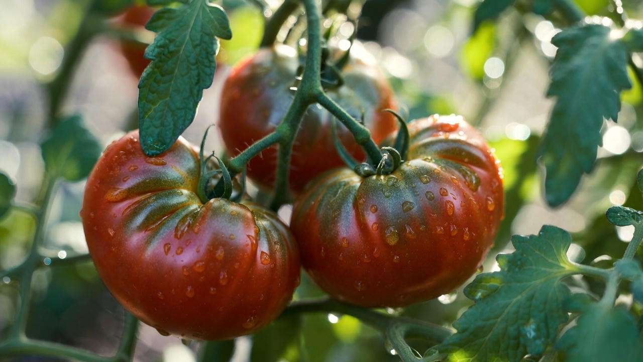 Ripe Black Prince tomato cluster showing signature deep mahogany color and purple-black shoulders