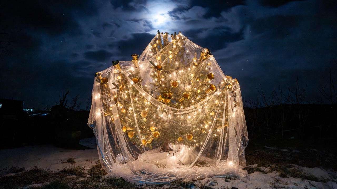 Gold trumpet tree protected with frost cloth and Christmas lights for zone 9b winters