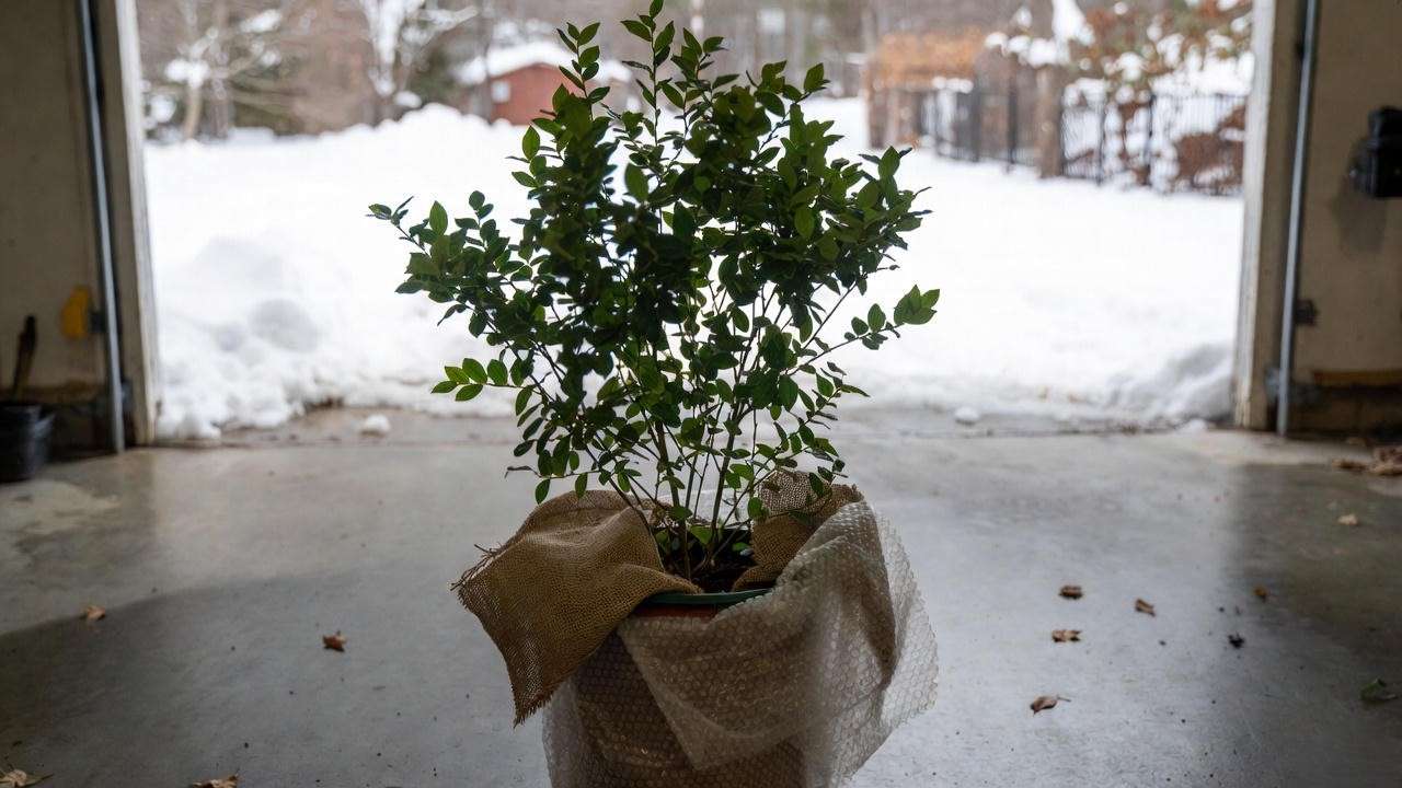 Sunshine Blue blueberry pot protected for winter in zone 5 garage