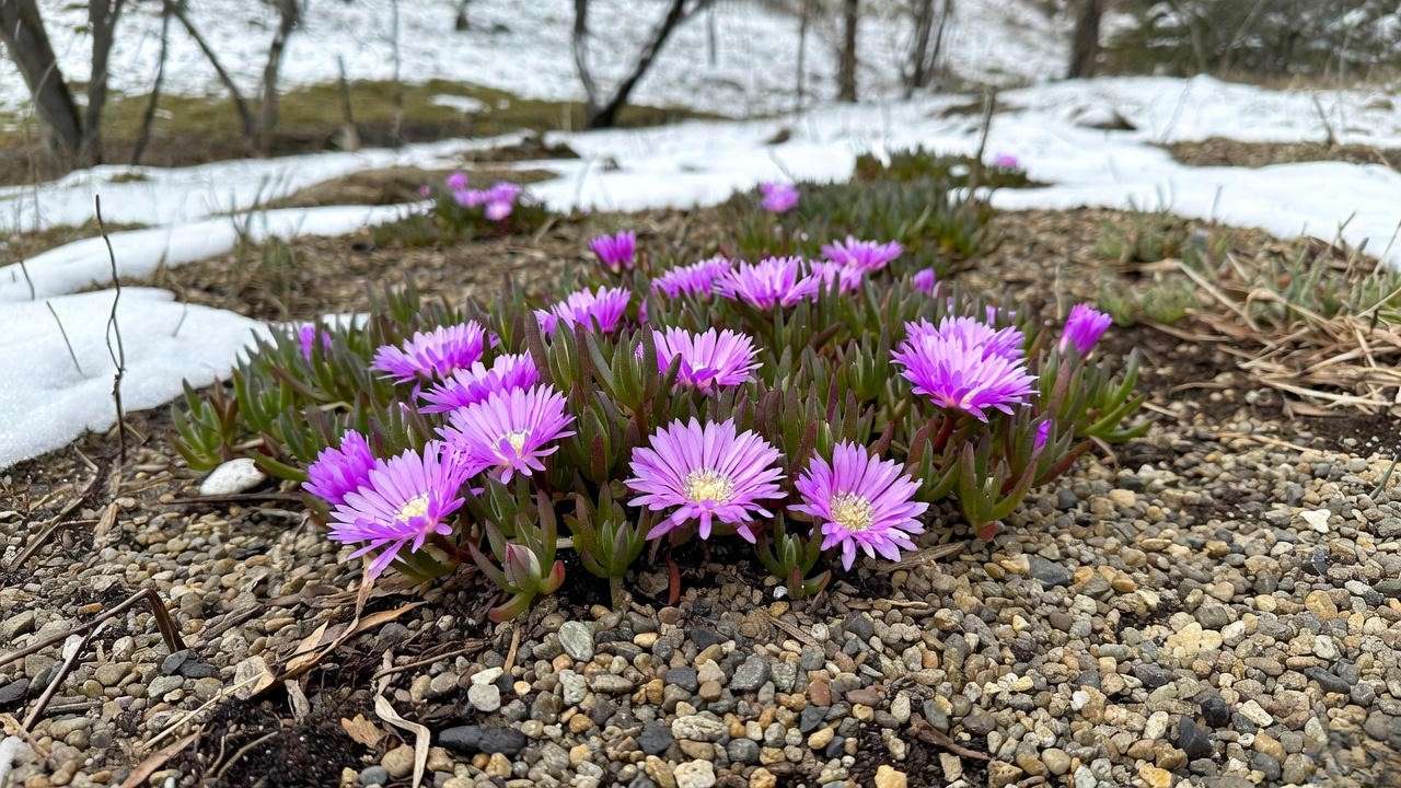 Purple ice plant with gravel mulch in winter landscape"