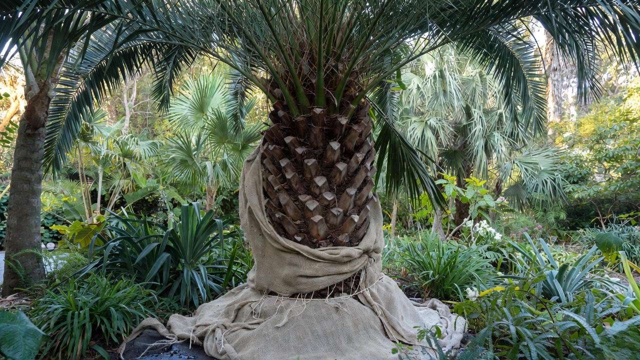 Alexander palm tree protected with burlap and frost blanket in a winter garden."
