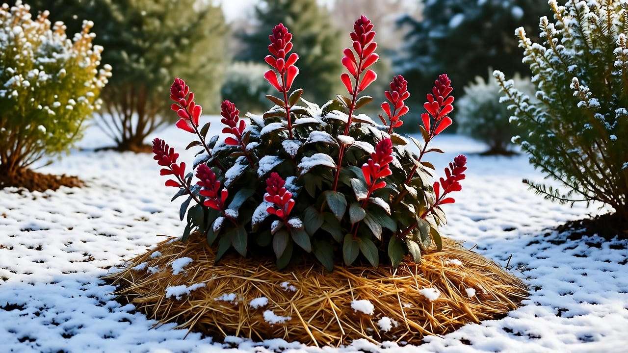 Husker Red Penstemon with mulch in a snowy winter garden"
