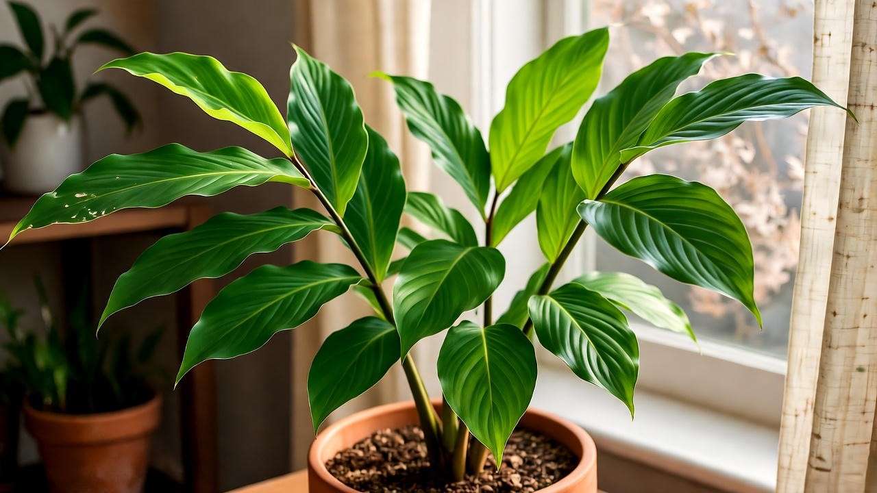 Spiral ginger plant indoors near window during winter with pebble tray"