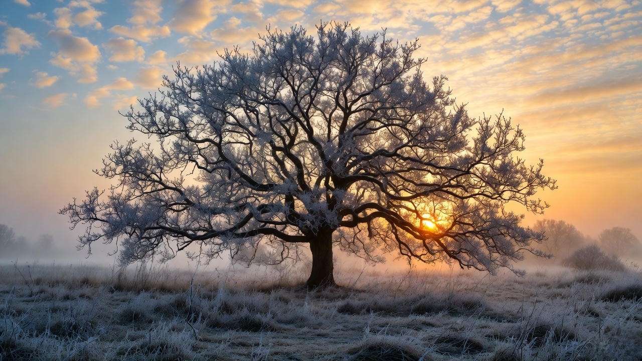 Large dormant oak tree in frost during safest winter pruning season
