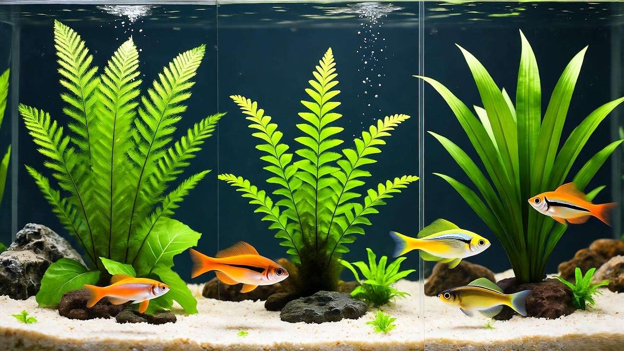 Comparison of wisteria, Java fern, and Amazon sword plants in an aquarium with fish."