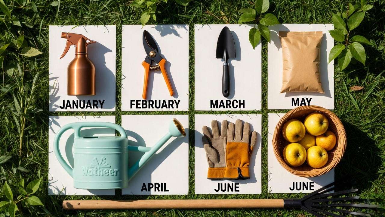 Year-round care items for Dorsett Golden apple tree – monthly essentials