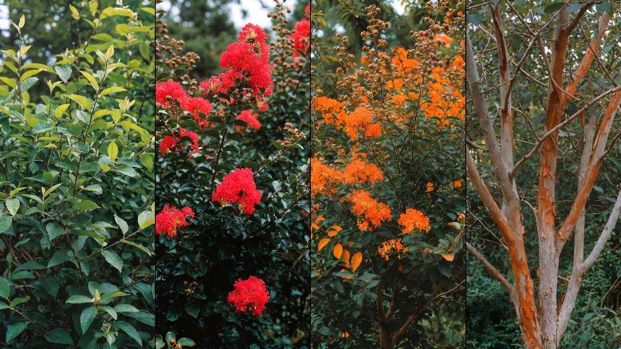 Dynamite crape myrtle tree through all four seasons spring summer fall winter