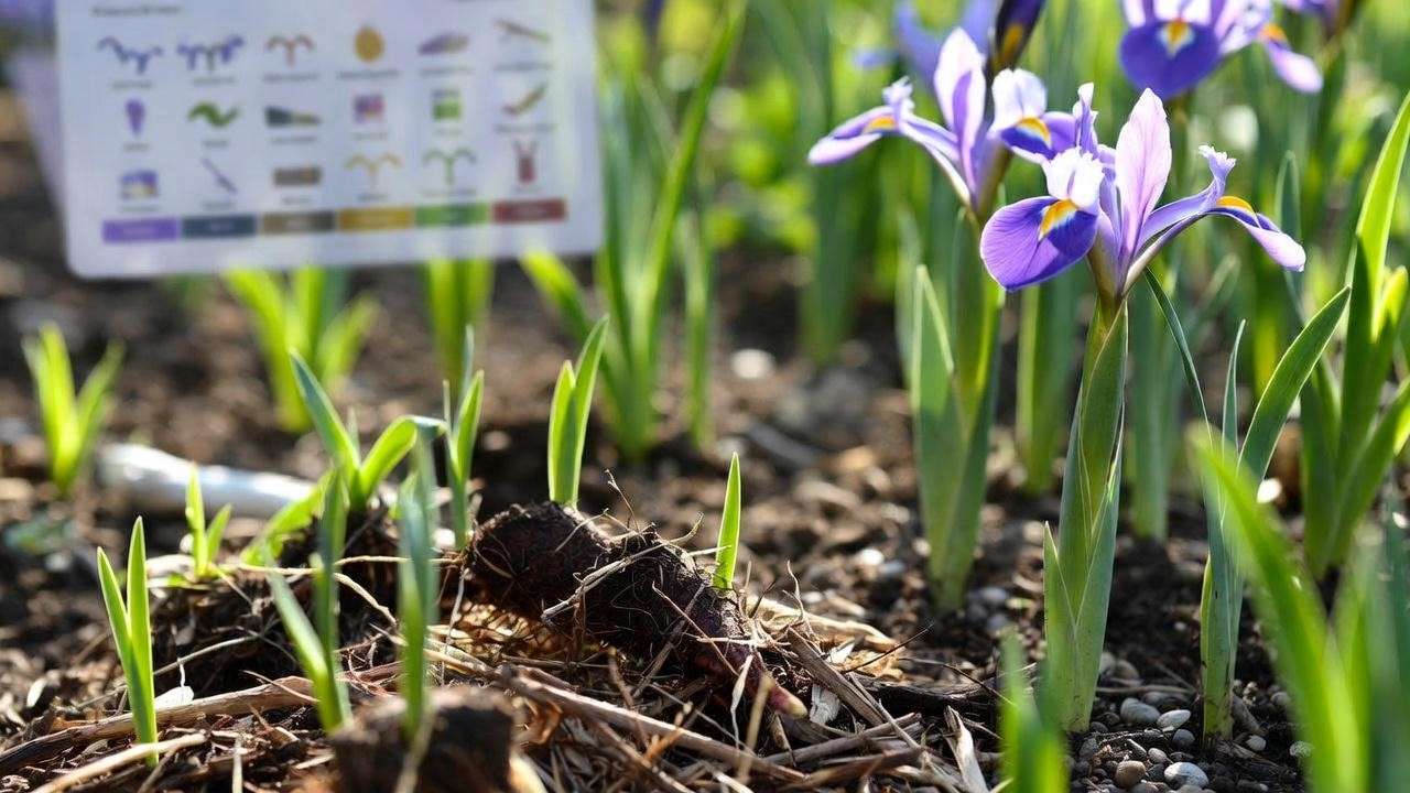 "Seasonal care of Regina Iris plants with mulch and blooming flowers."