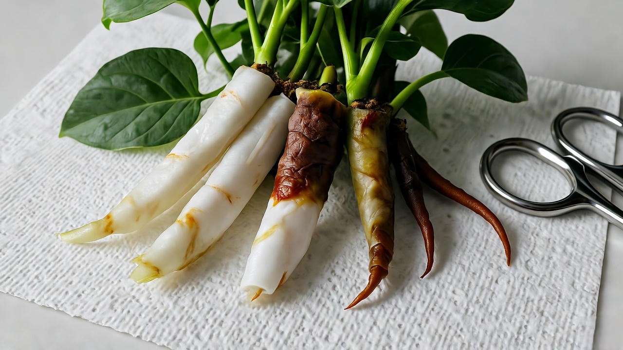 Identifying and trimming root rot on Tolmiea menziesii piggy back plant