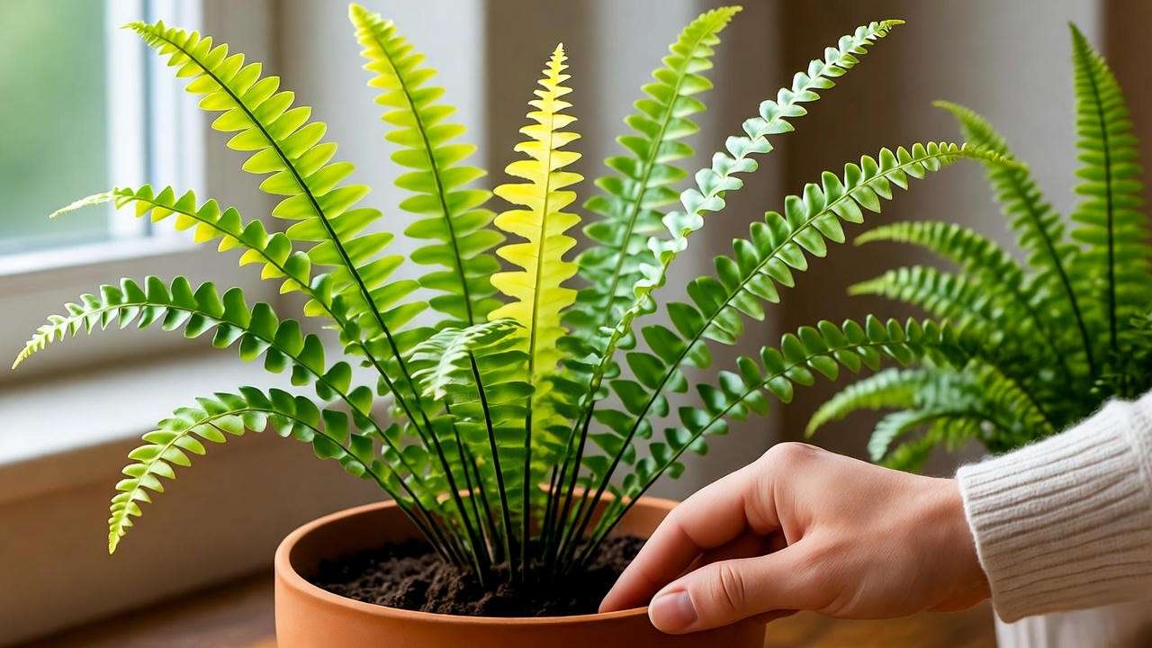 Lemon button fern with yellowing fronds being troubleshooted with improved drainage."