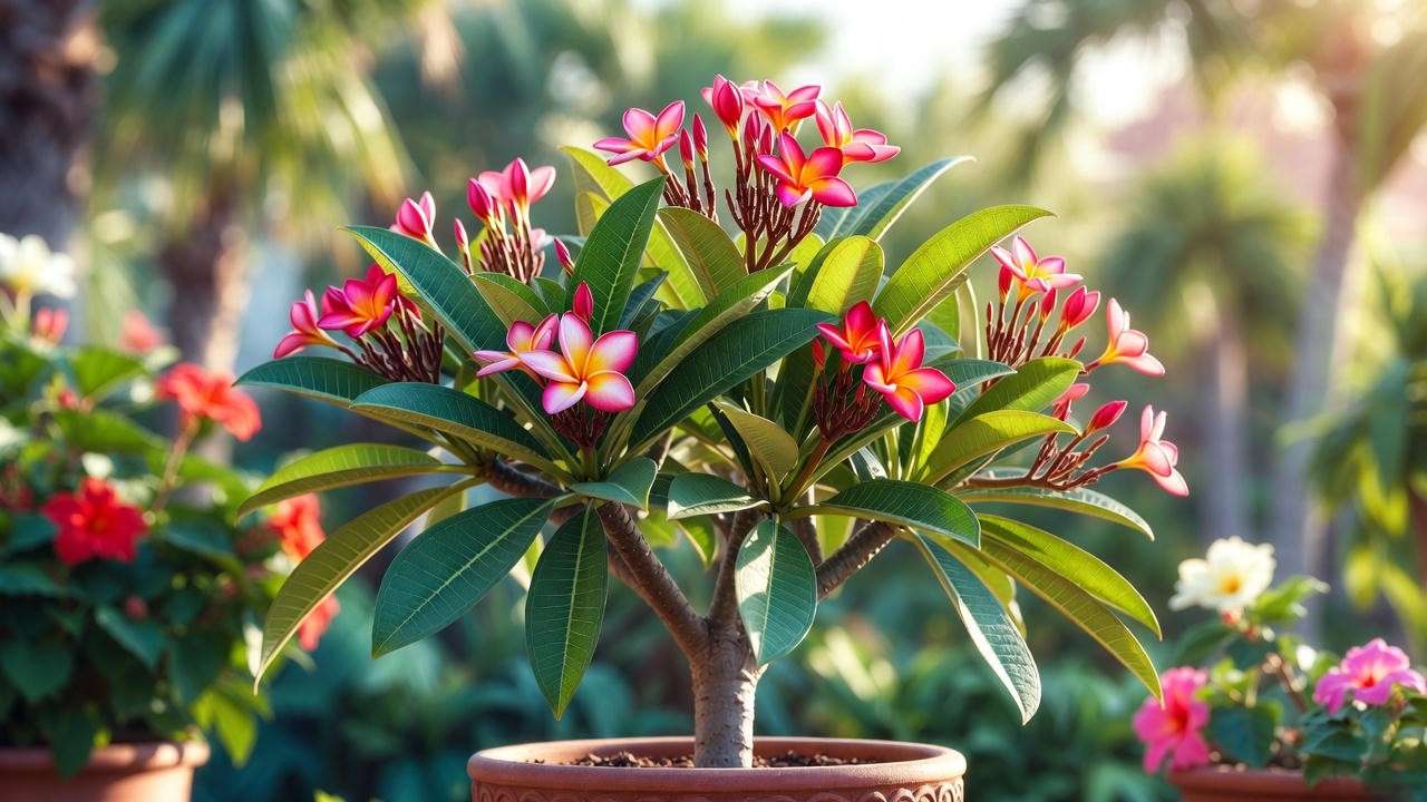 Healthy plumeria tree with pink flowers in a decorative pot on a sunny patio, showcasing beginner-friendly care in a tropical setting.