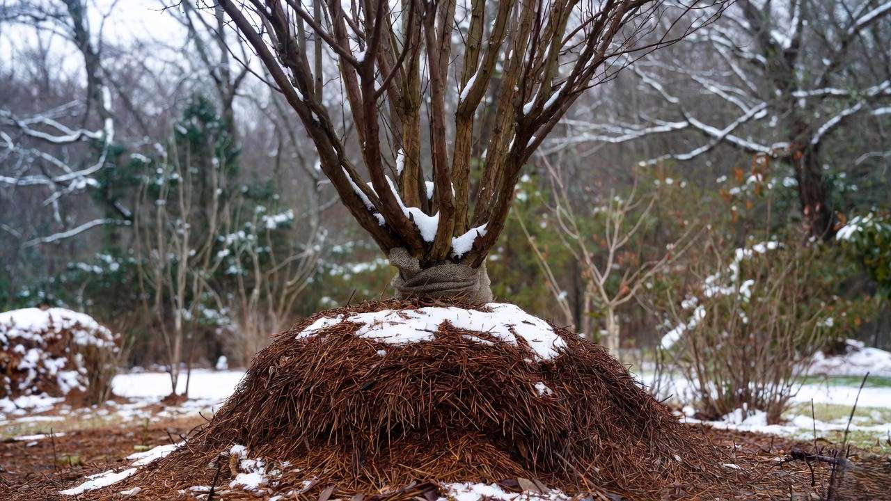 Winter protection for Black Diamond crepe myrtle tree in Zone 6 with burlap wrap and mulch
