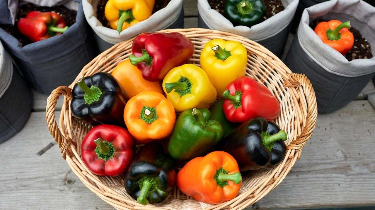 Massive homegrown bell pepper harvest from container plants in multiple colors