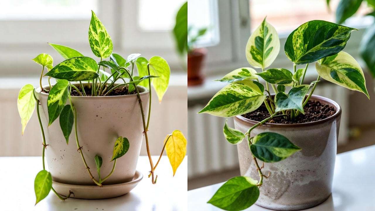 "Comparison of unhealthy variegated heart hoya with yellow leaves and healthy plant."