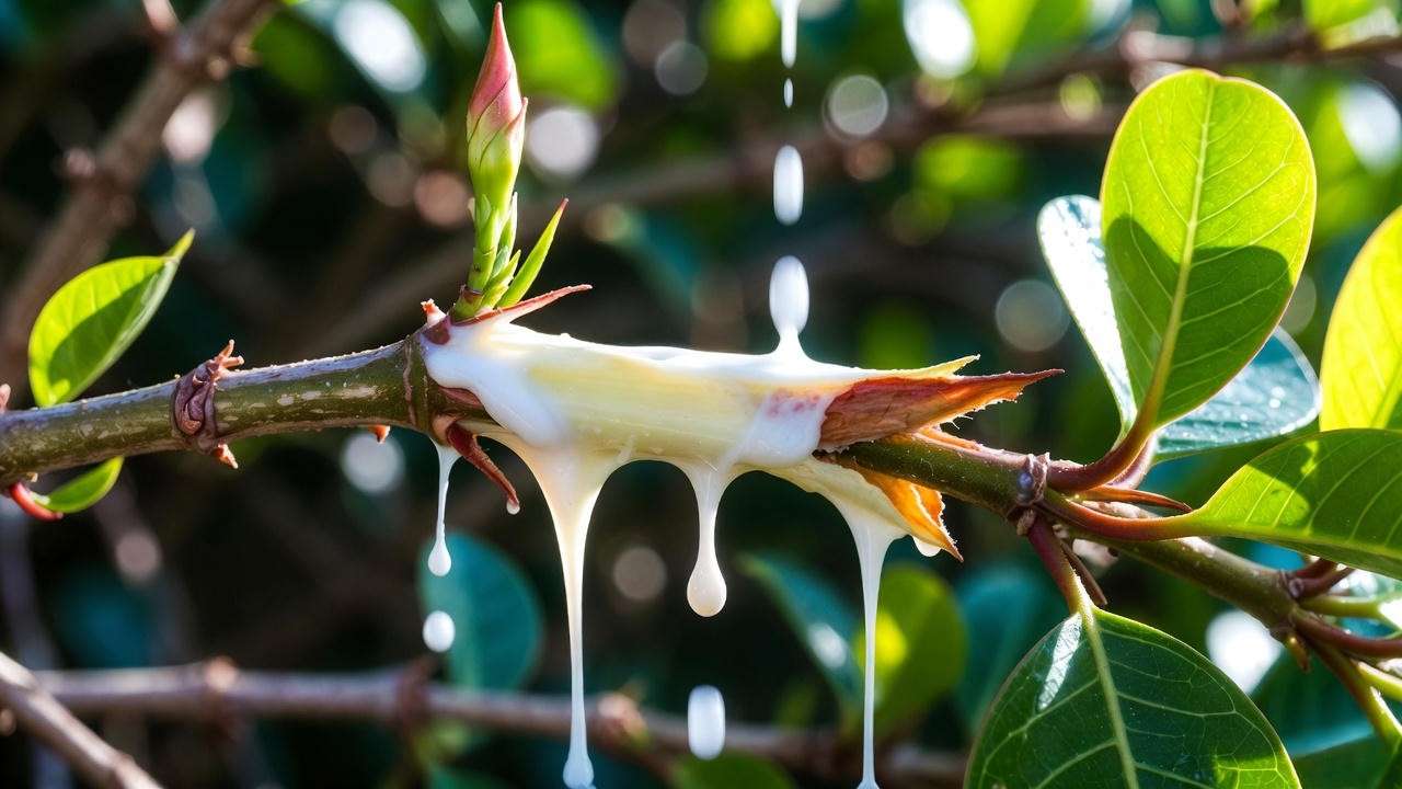 White toxic sap oozing from broken mandevilla stem – all parts of mandevilla plant are poisonous
