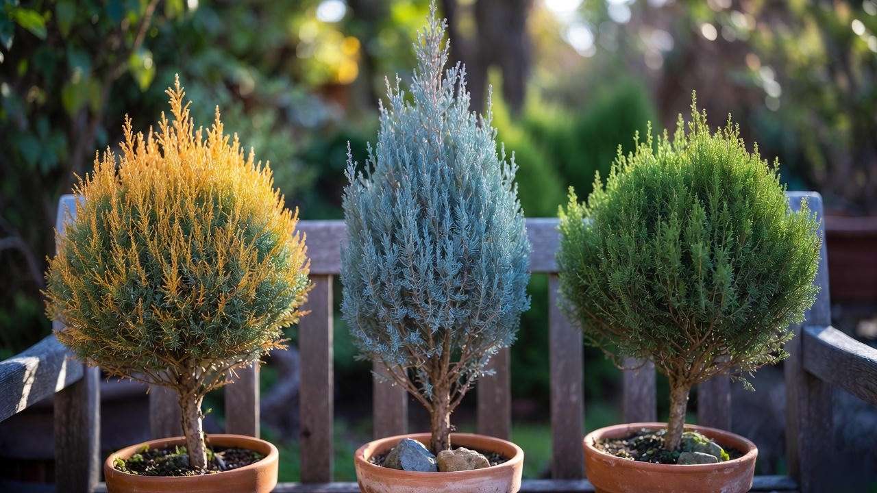 Close-up of popular dwarf cypress tree varieties like Golden Mop, Ellwoodii, and Nana Gracilis in pots for easy comparison.