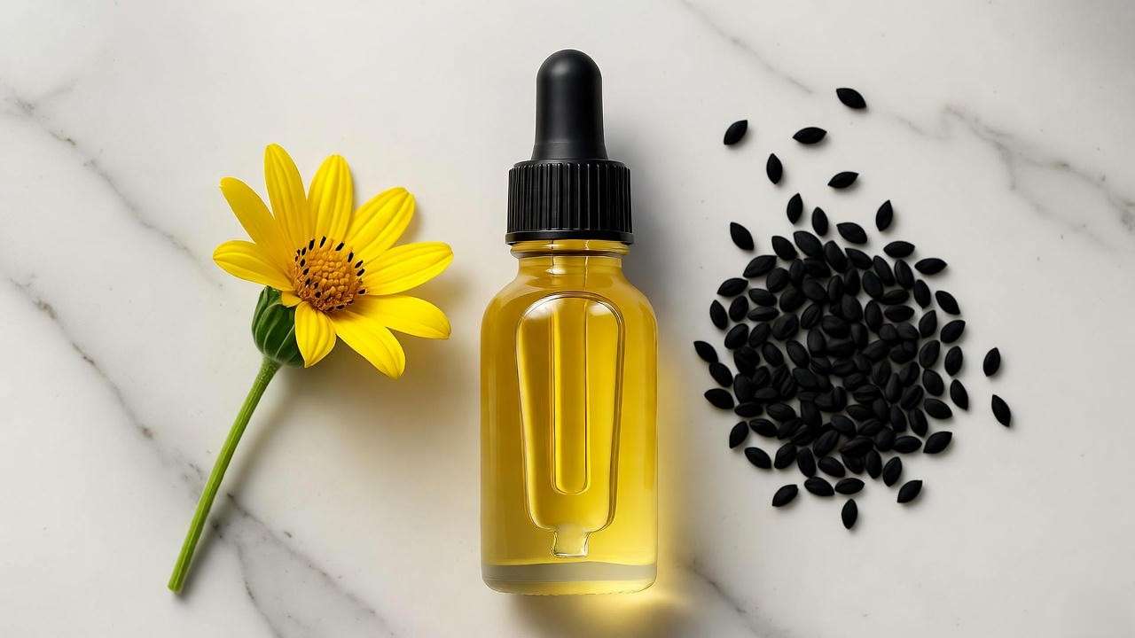 Cold-pressed niger seed oil with flower and seeds for culinary and skincare uses