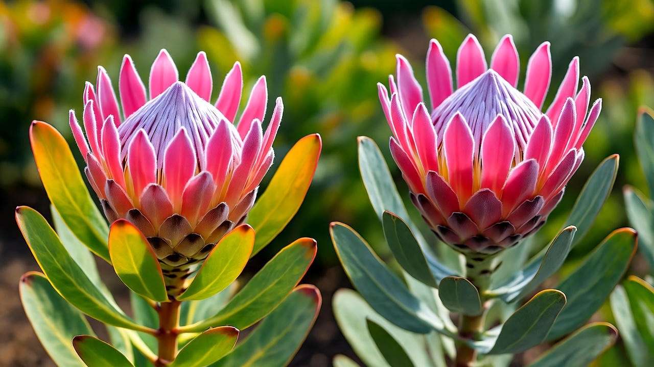 "Side-by-side comparison of a Pink Ice Protea with yellowing leaves and a healthy plant with improved drainage."