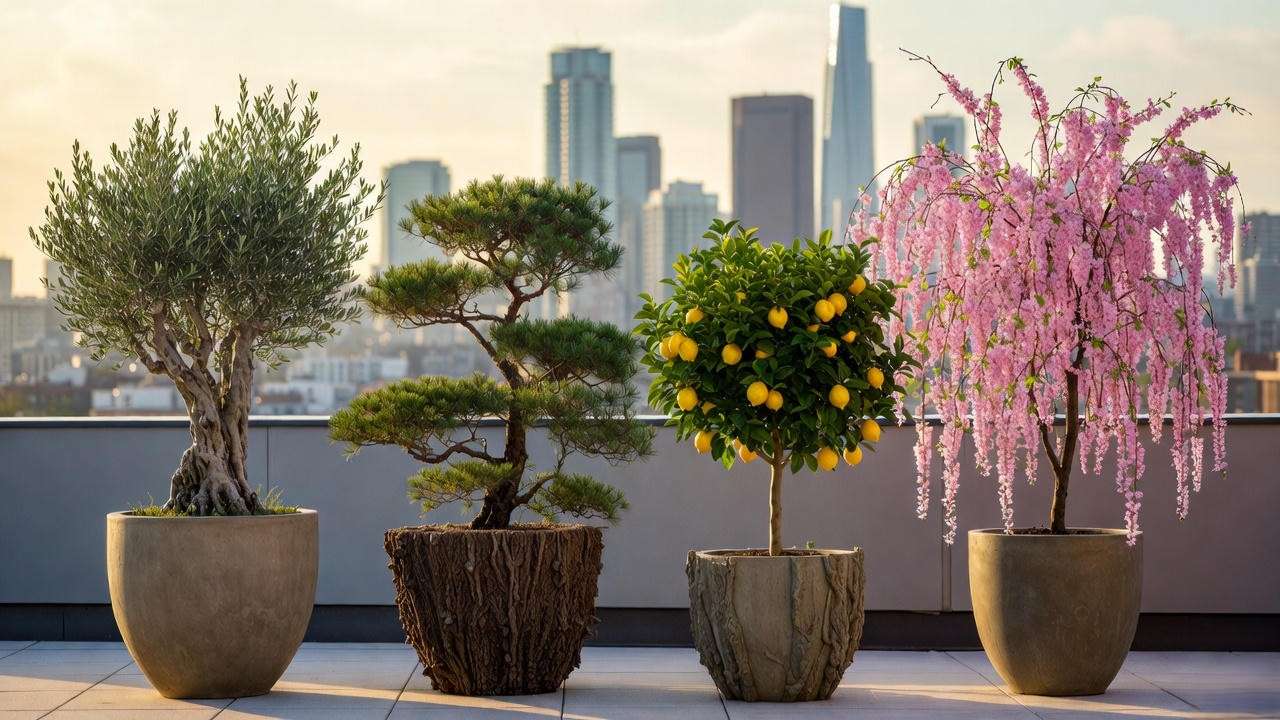 Best tree species for growing huge trees in pots: olive, Japanese black pine, Meyer lemon, and flowering cherry in containersβ