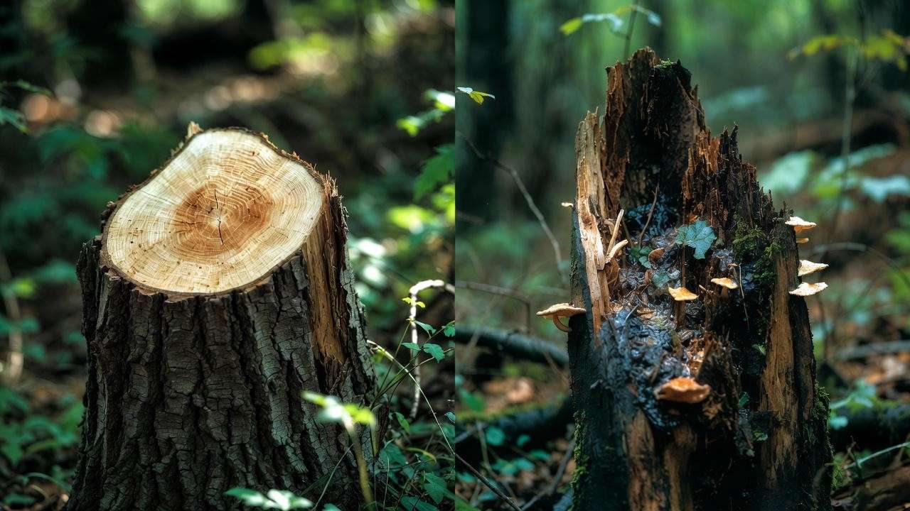 Before and after comparison of tree stump rotting progress using acceleration methods