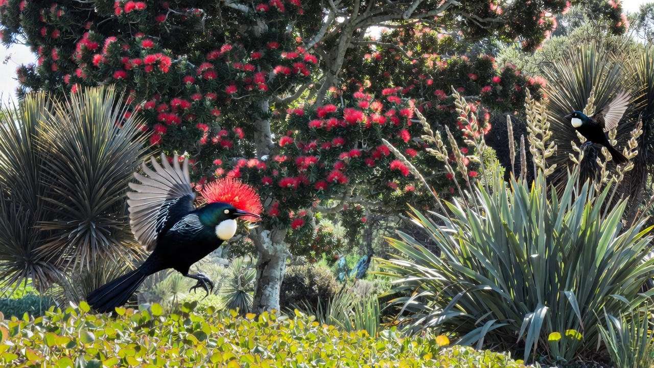 Pohutukawa tree in full bloom with native companion plants and tūī birds