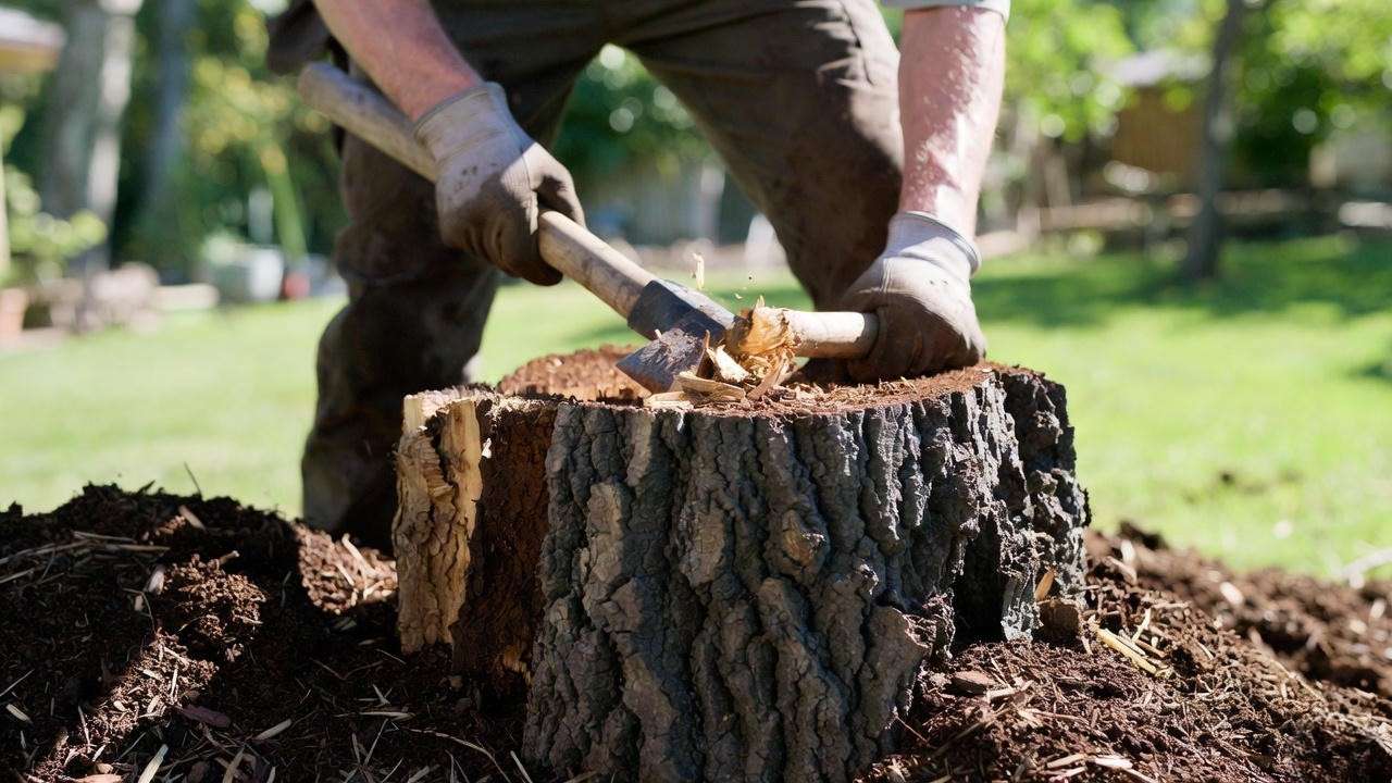 Breaking apart a completely rotted tree stump with hand tools after successful decomposition