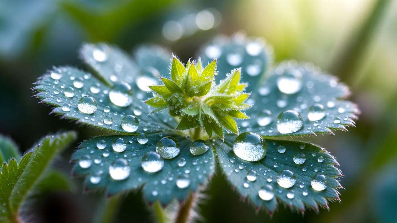 Alchemilla mollis (Lady’s Mantle) leaves holding dew in an English garden