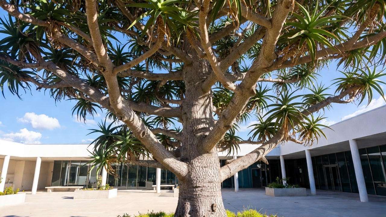 Tree aloe (Aloe barberae) growing tall in a sunny courtyard – the largest aloe succulent variety