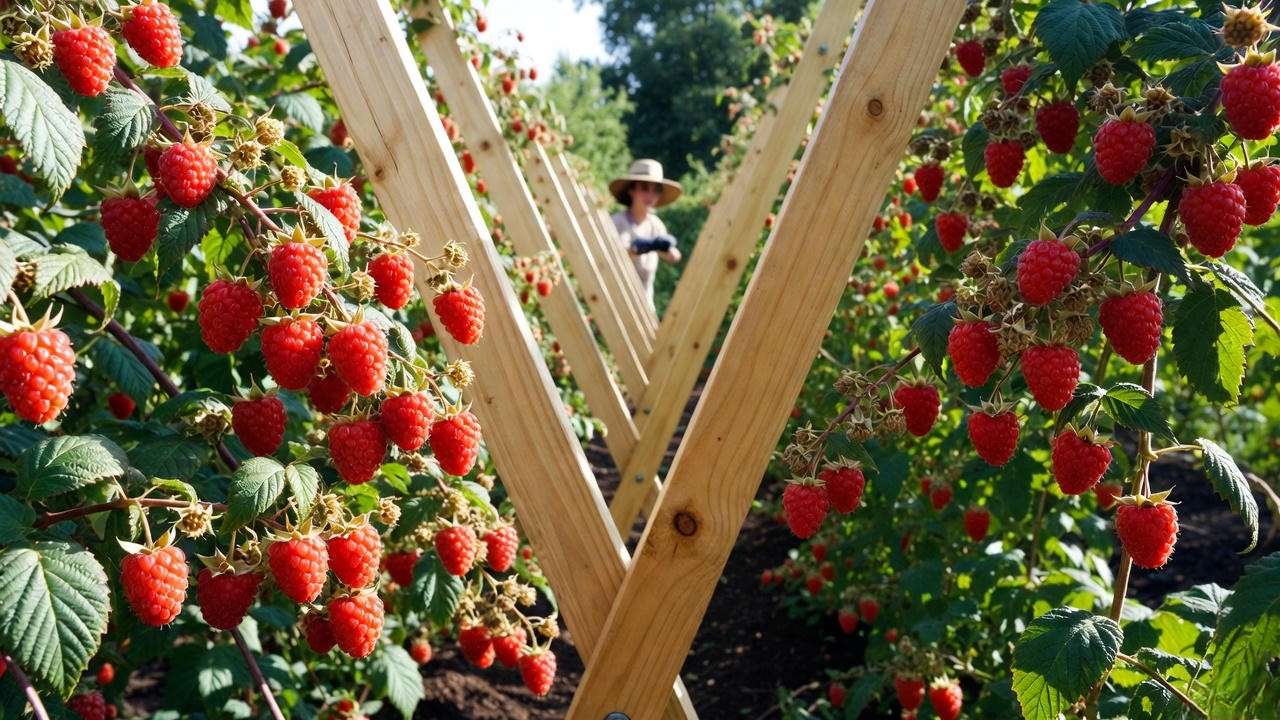 Mature Heritage raspberry plants on V-trellis system heavy with ripe red berries
