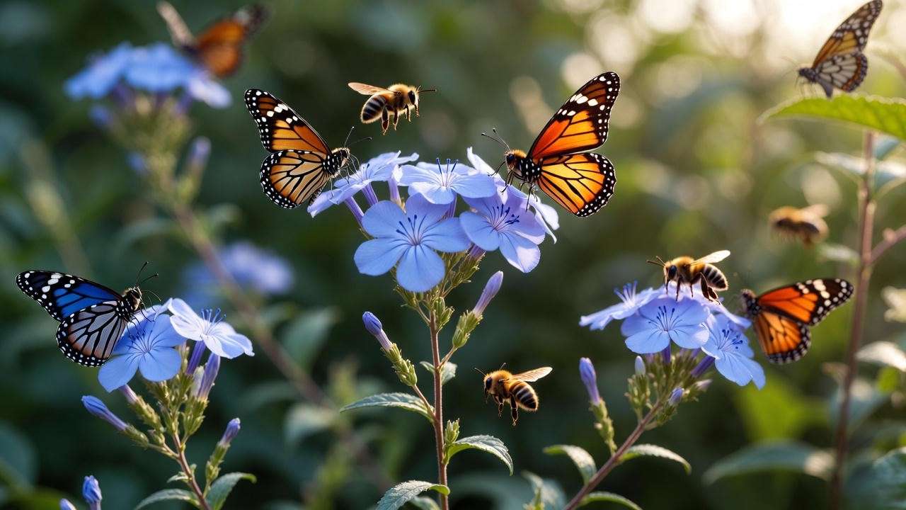 Hardy plumbago plant attracting butterflies and bees as a pollinator-friendly perennial.