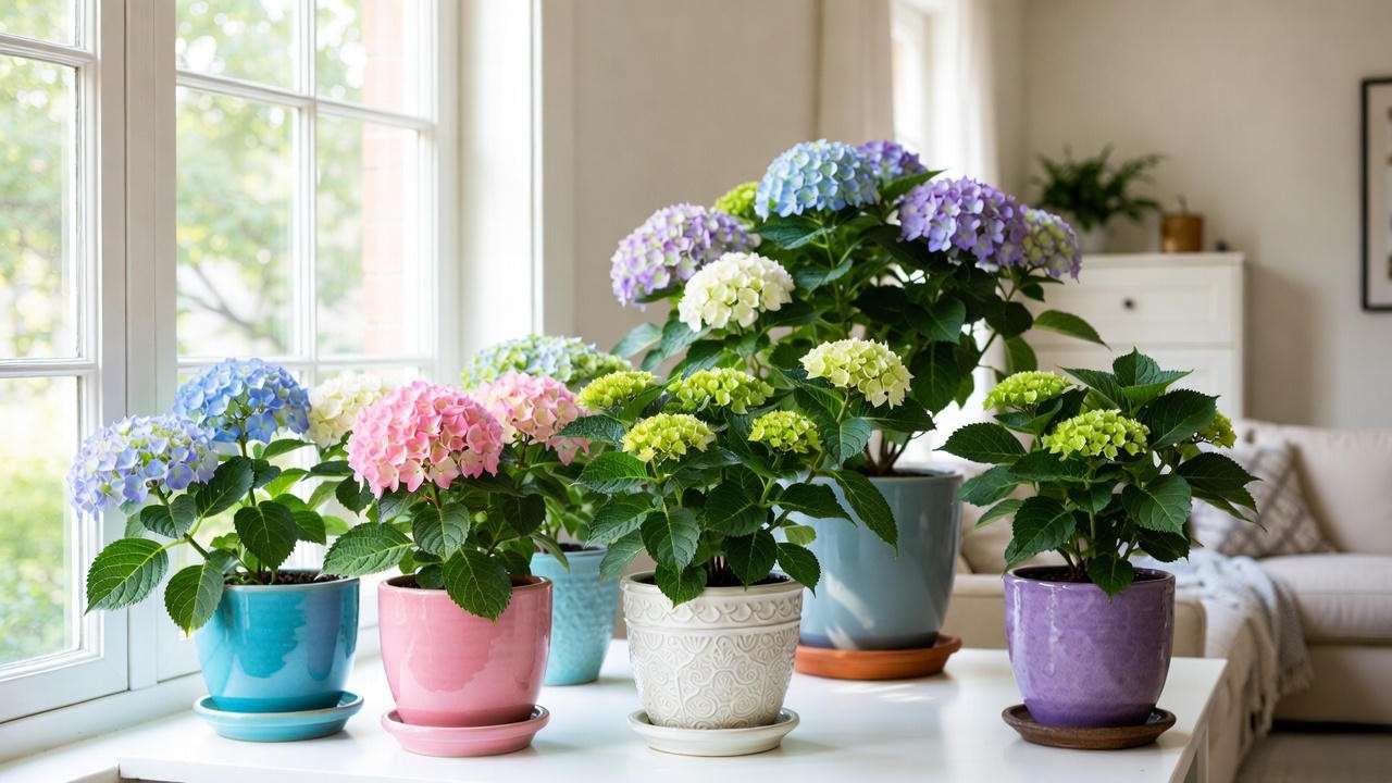 Best compact hydrangea varieties for indoor growing – Cityline, Let’s Dance, and Mini Penny in full bloom