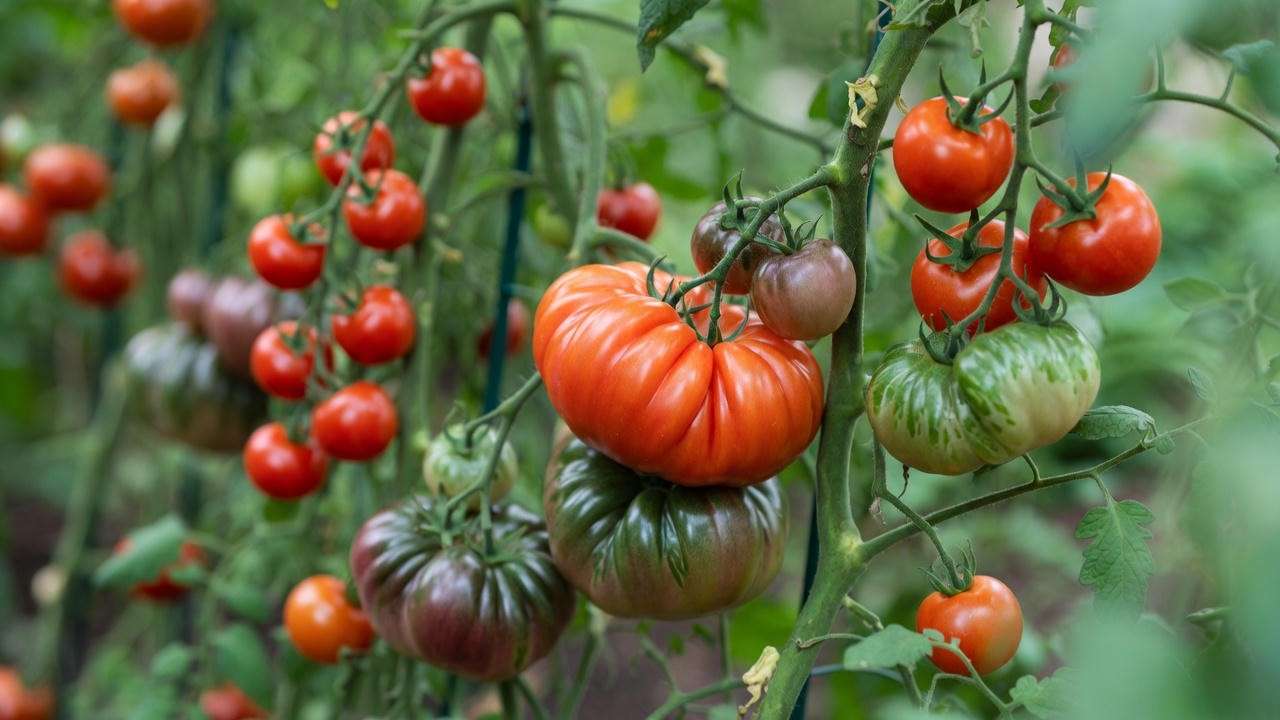 Variety of ripe indeterminate tomato fruits on vines including cherry, beefsteak, and heirloom types in garden