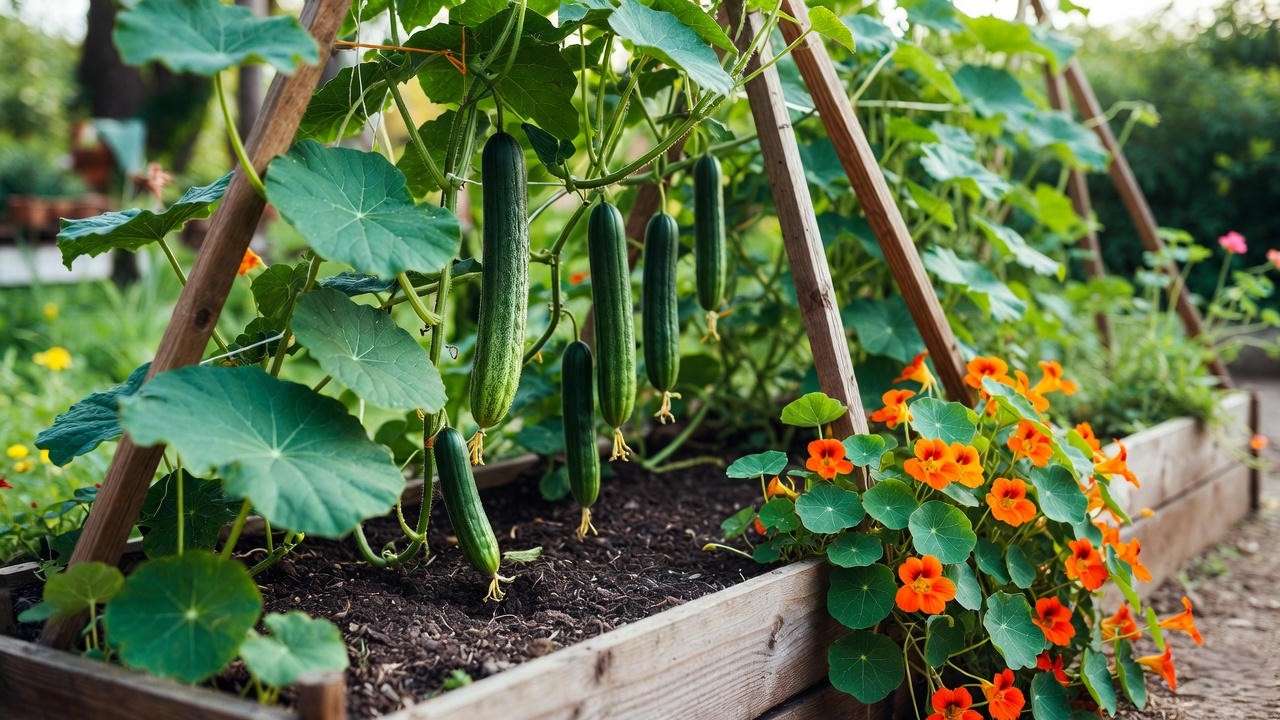 Vertical cucumbers and trailing nasturtiums in raised bed companion planting
