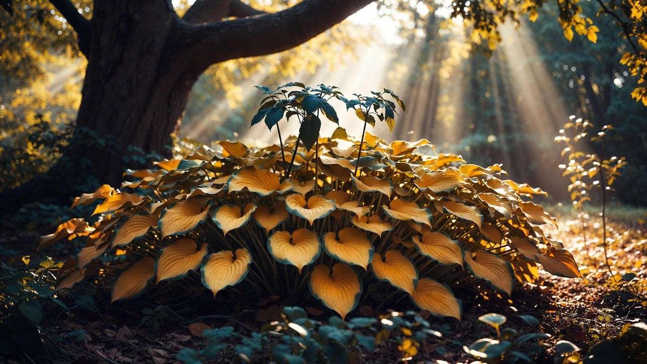 Hosta August Moon in ideal dappled shade under tree – perfect light conditions