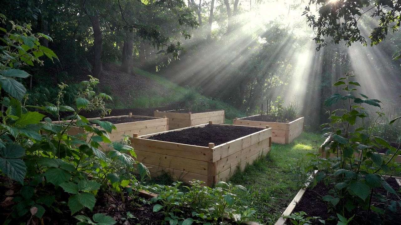 Ideal sunny, well-drained raised bed location for planting Heritage raspberries