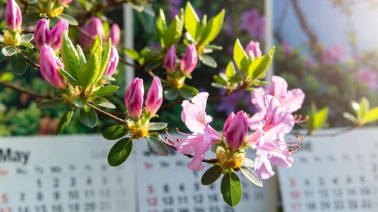 Calendar showing the best months to take azalea cuttings with fresh growth in soft sunlight