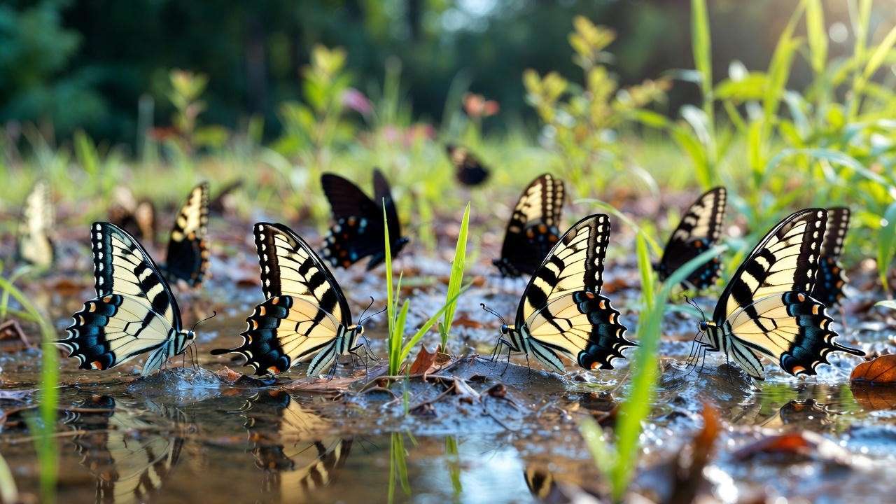 Multiple swallowtail butterfly species puddling in garden – reward for growing the right host plants