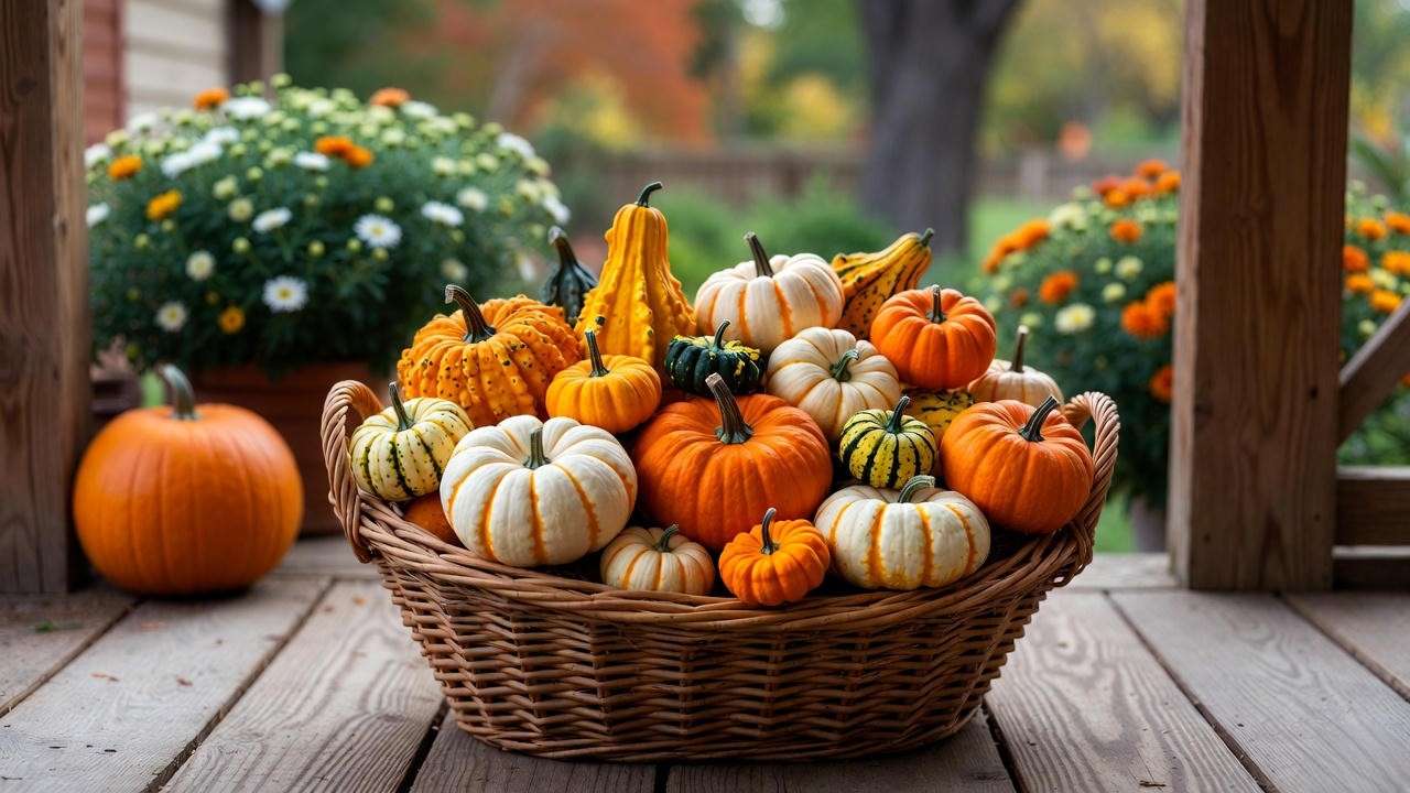 Miniature pumpkins and ornamental gourds harvest for Texas fall decor