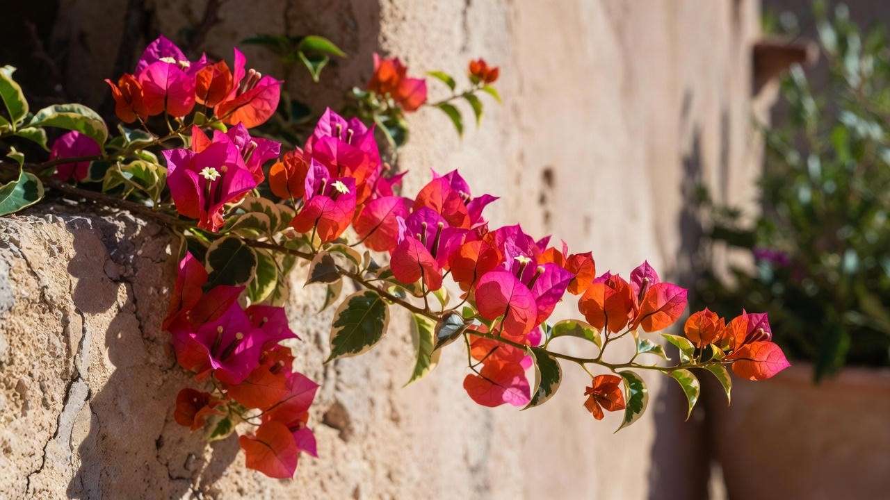 Variegated Bougainvillea Raspberry Ice covering garden wall in pink bracts