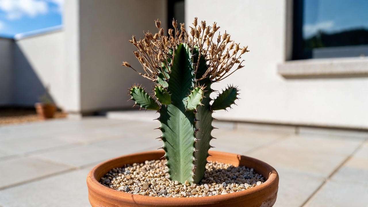 Euphorbia gopher plant as container thriller in terracotta pot