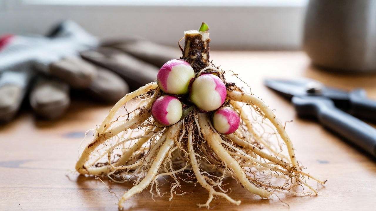 Close-up of a healthy 3-5 eye bare root Red Charm peony division ready for planting